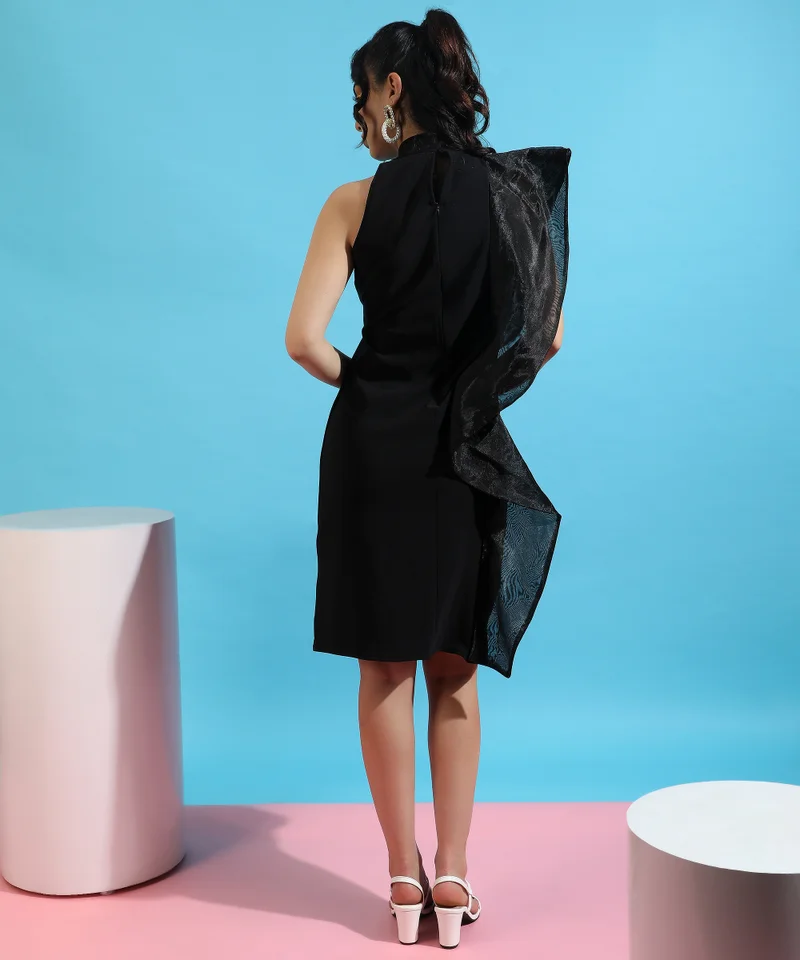 Pinacolada  Women's Obsidian Black Asymetrical Dress With Organza Detail For Casual Wear | Mock Neck | No Sleeves | Zipper Closure | Dress Designed With Comfortable Fit For Woman & Girls for Women | Best Price UAE
